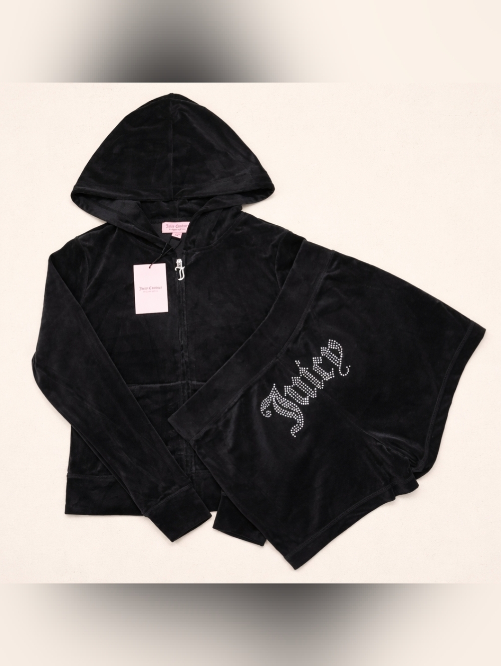 Juicy Couture Black Velour Hoodie & Shorts Set with Rhinestone Logo